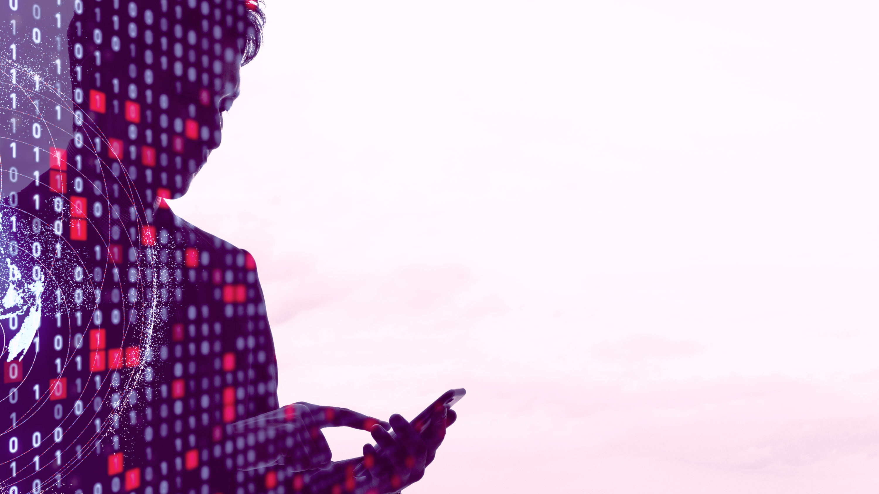 Silhouetted figure reviewing data on a smartphone, with digital binary overlay